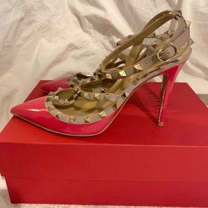 Valentino Pink Patent Rockstud Pointed Toe Heels with Beige Straps